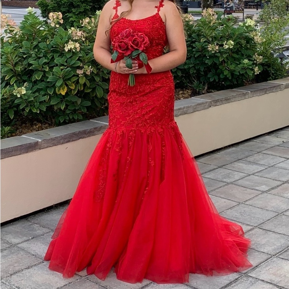 Sherry Hill Elegant Red Lace and Tulle Dress